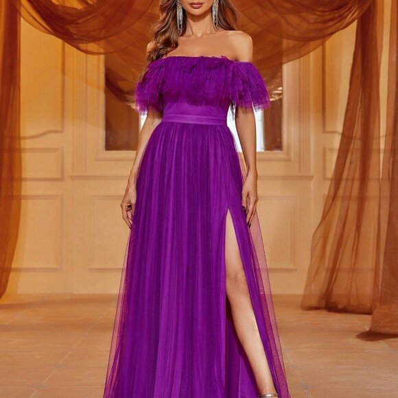 Purple Preppy Womens Off Shoulder Ruffle Trim Split Thigh Mesh Dress - Picture 5 of 5